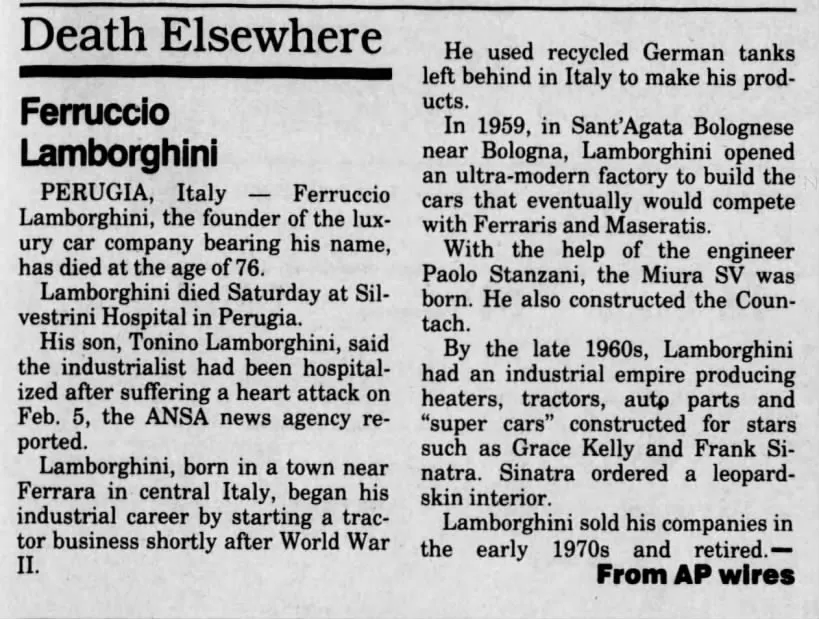 Article about the death of Ferruccio Lombarghini in 1993